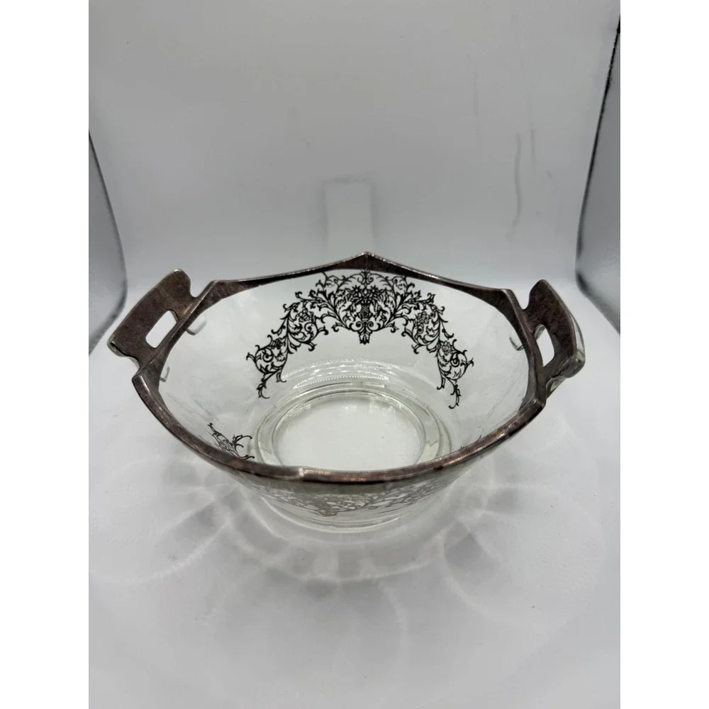 Vintage Silver Overlay Glass Candy Nut Bowl Floral Filigree Double‎ Handle 6.5in
